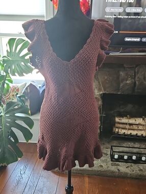 Brown Crochet Swim Coverup Dress with Ruffle Sleeves